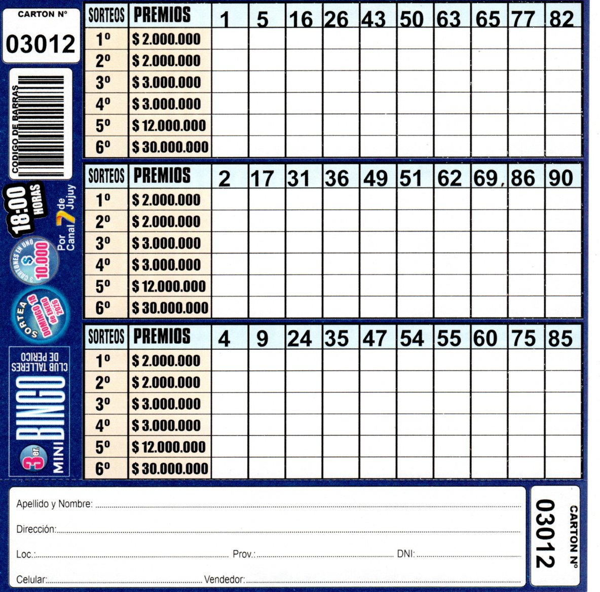 3 MINI Bingo TALLERES - Cartón 3012