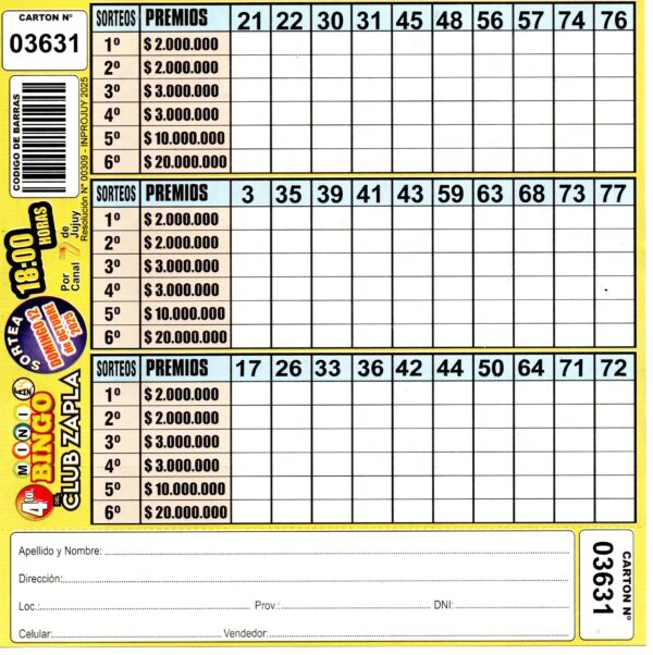 4 MINI Bingo ZAPLA - Cartón 3631