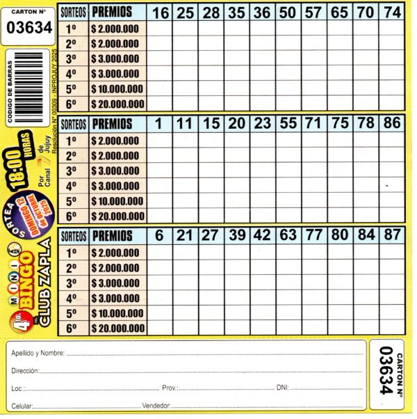 4 MINI Bingo ZAPLA - Cartón 3634