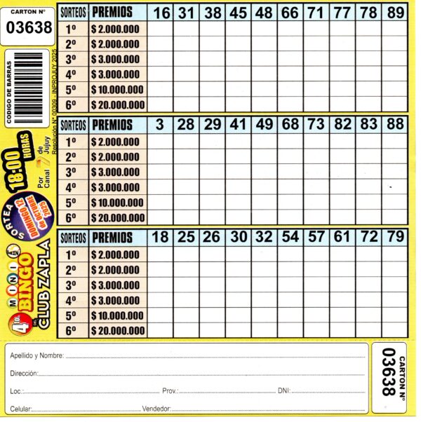 4 MINI Bingo ZAPLA - Cartón 3638