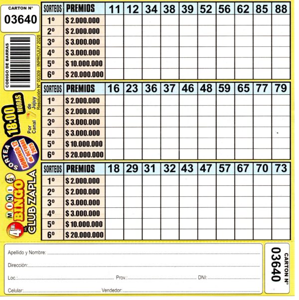 4 MINI Bingo ZAPLA - Cartón 3640