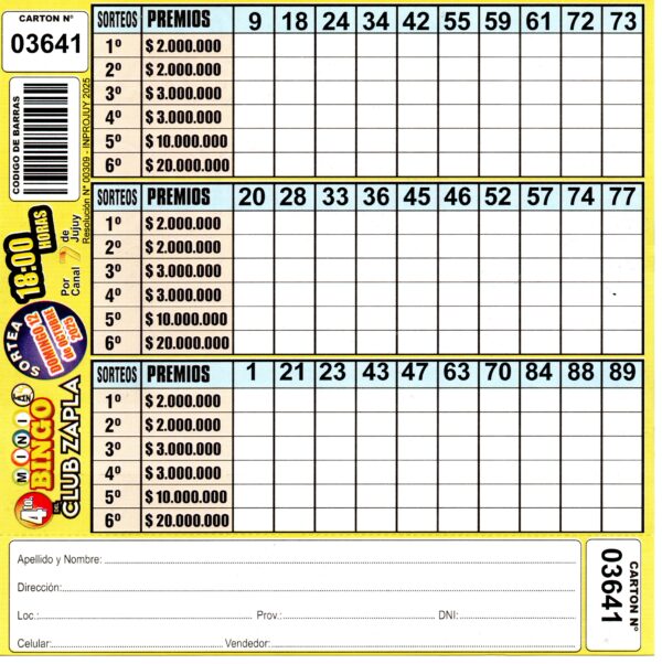 4 MINI Bingo ZAPLA - Cartón 3641