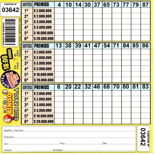 4 MINI Bingo ZAPLA - Cartón 3642