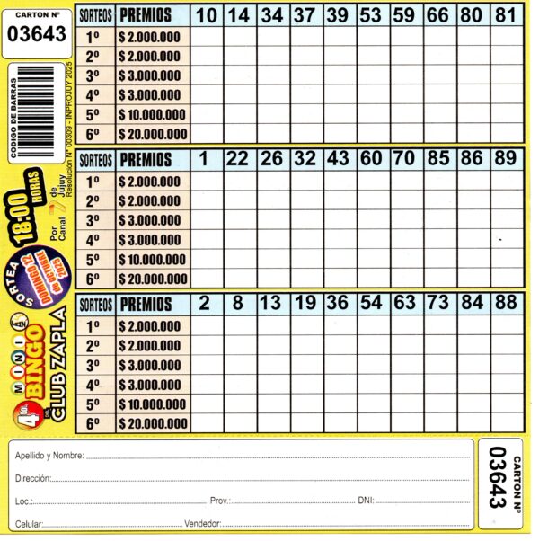 4 MINI Bingo ZAPLA - Cartón 3643