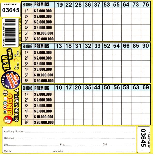 4 MINI Bingo ZAPLA - Cartón 3645