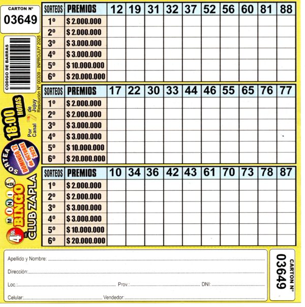 4 MINI Bingo ZAPLA - Cartón 3649