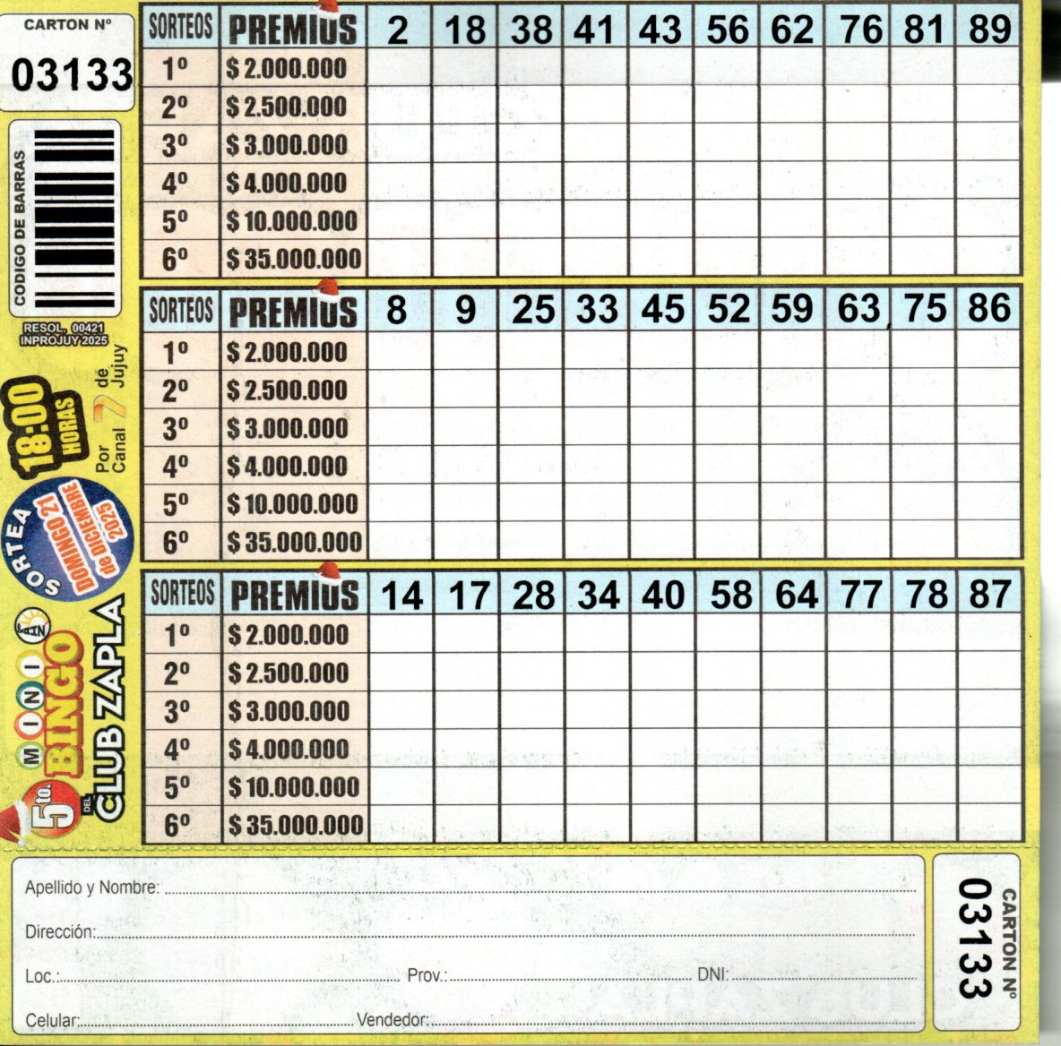 5 MINI Bingo ZAPLA - Cartón 3133 - Image 2