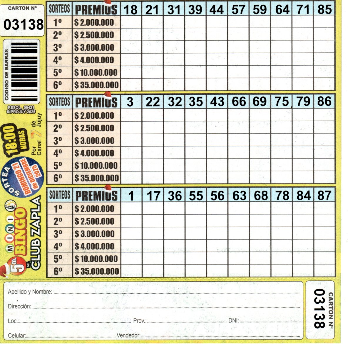 5 MINI Bingo ZAPLA - Cartón 3138 - Image 2