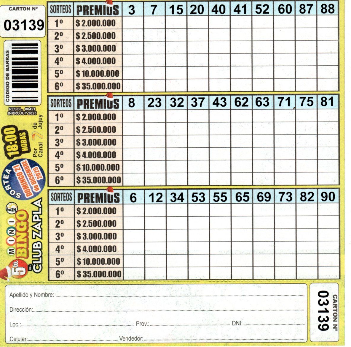 5 MINI Bingo ZAPLA - Cartón 3139 - Image 2