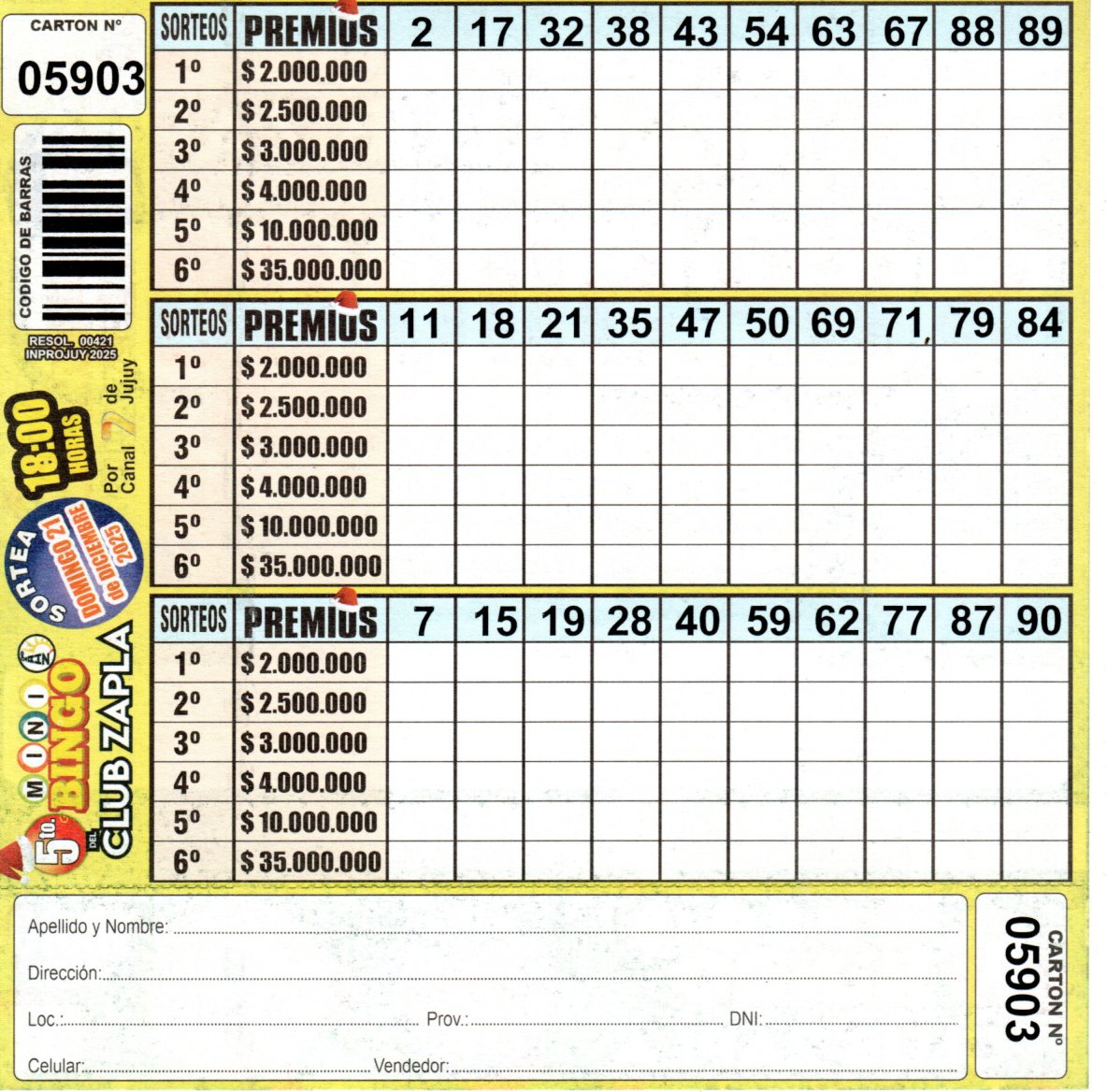 5 MINI Bingo ZAPLA - Cartón 5903 - Image 2