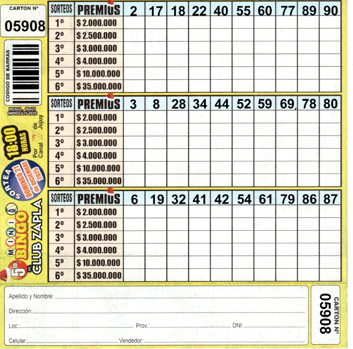 5 MINI Bingo ZAPLA - Cartón 5908 - Image 2