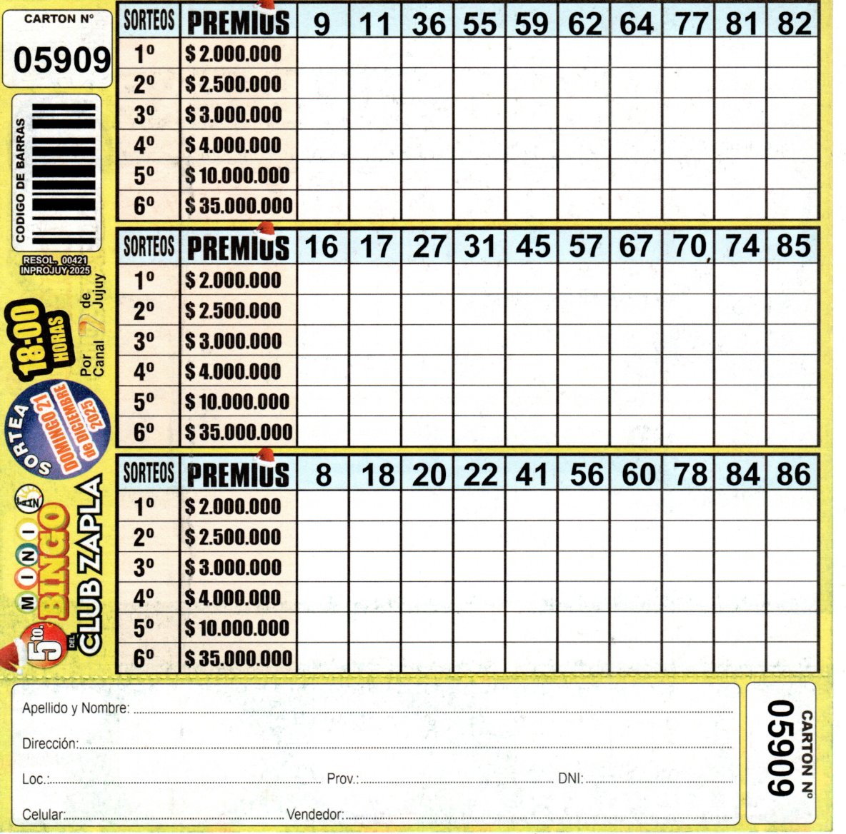 5 MINI Bingo ZAPLA - Cartón 5909 - Image 2