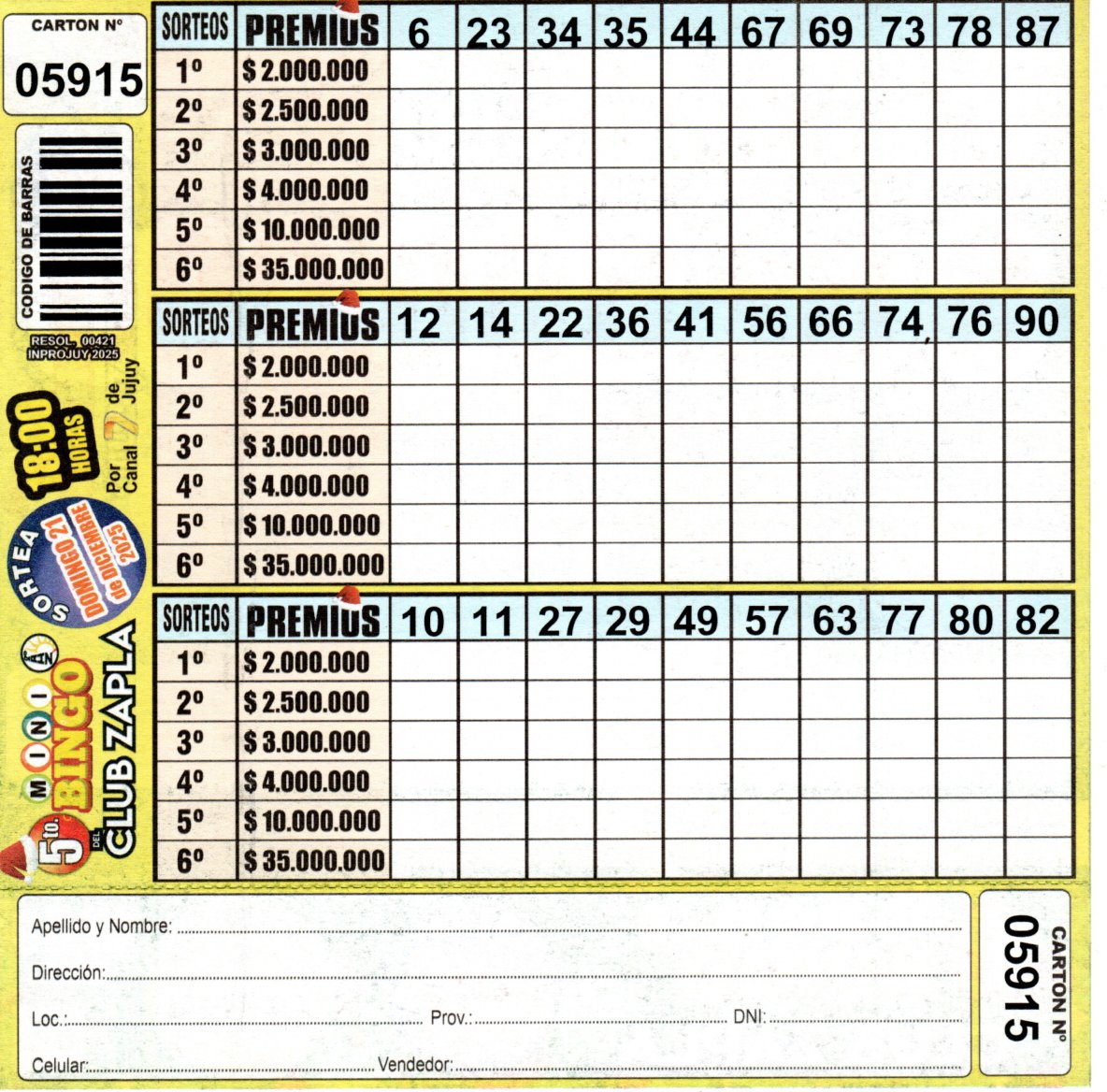 5 MINI Bingo ZAPLA - Cartón 5915 - Image 2