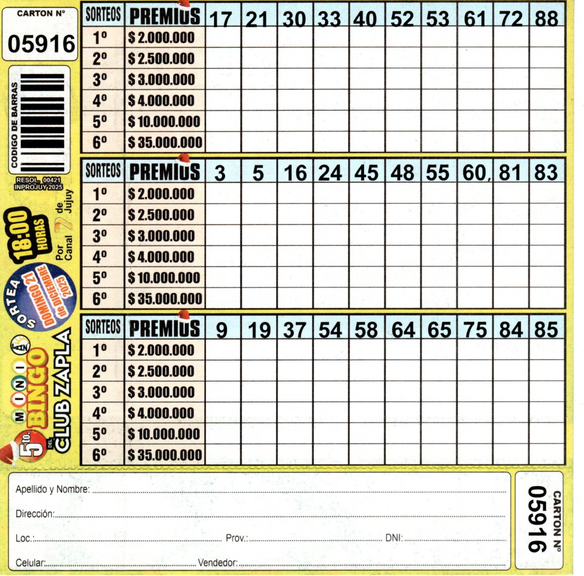 5 MINI Bingo ZAPLA - Cartón 5916 - Image 2