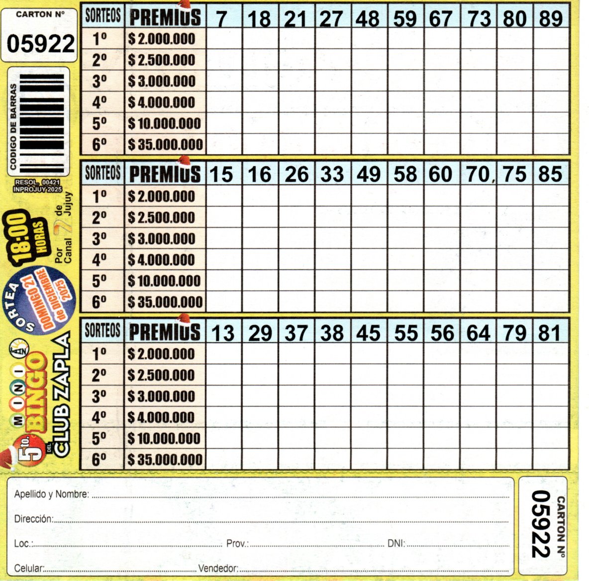 5 MINI Bingo ZAPLA - Cartón 5922 - Image 2