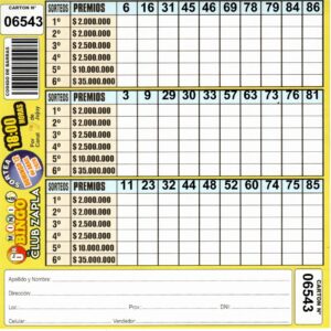 6 MINI Bingo ZAPLA - Cartón 6543