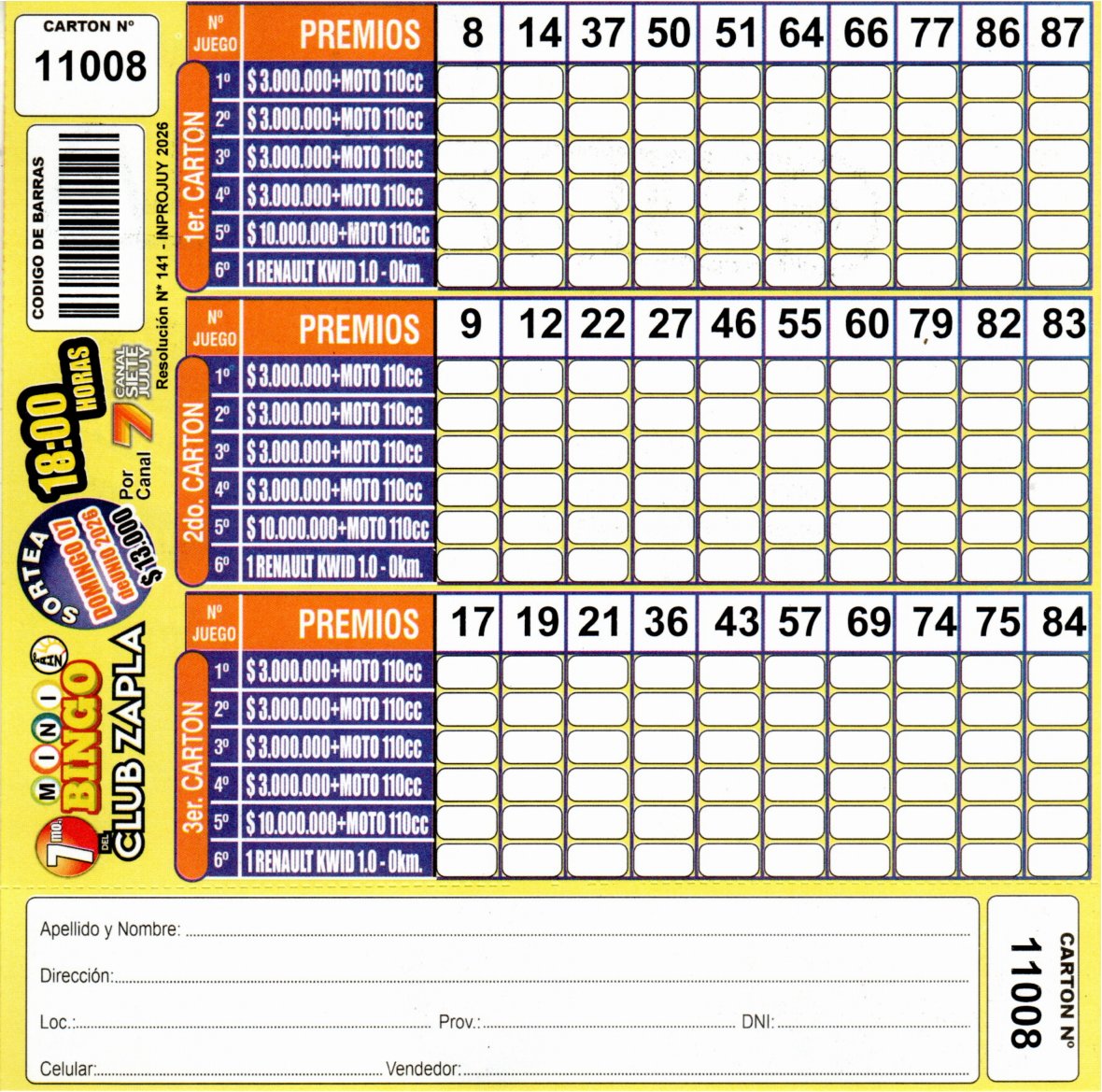 7 MINI Bingo ZAPLA - Cartón 11008