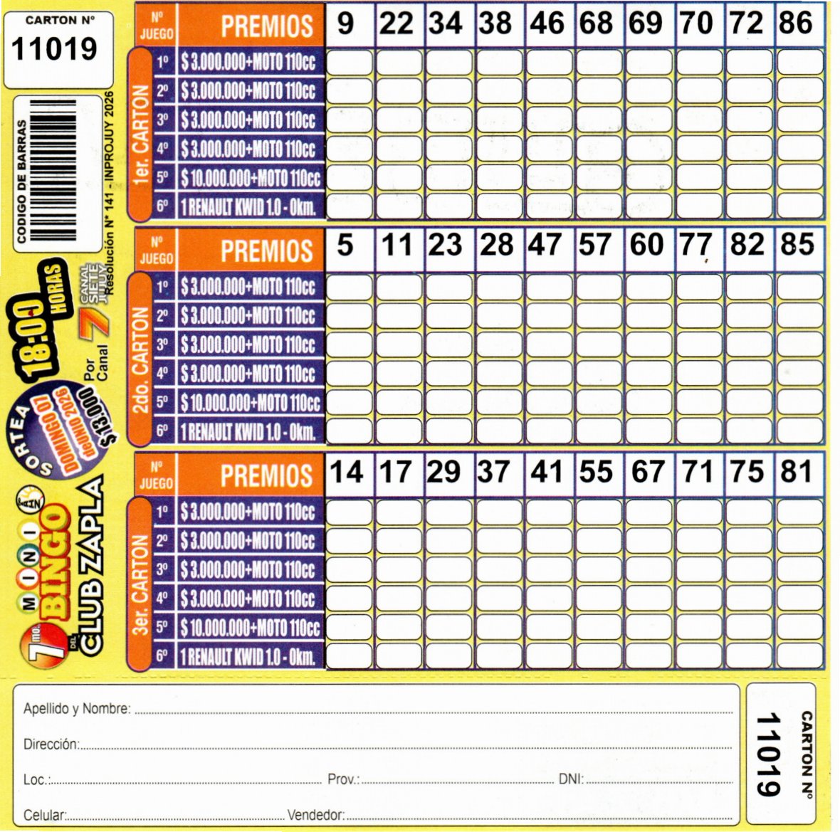7 MINI Bingo ZAPLA - Cartón 11019
