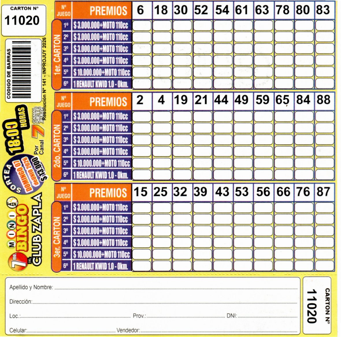 7 MINI Bingo ZAPLA - Cartón 11020