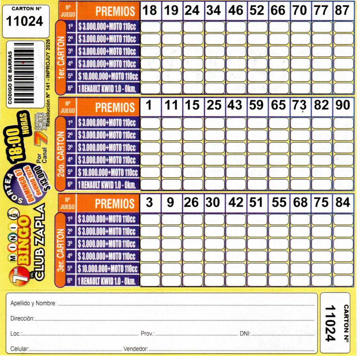 7 MINI Bingo ZAPLA - Cartón 11024