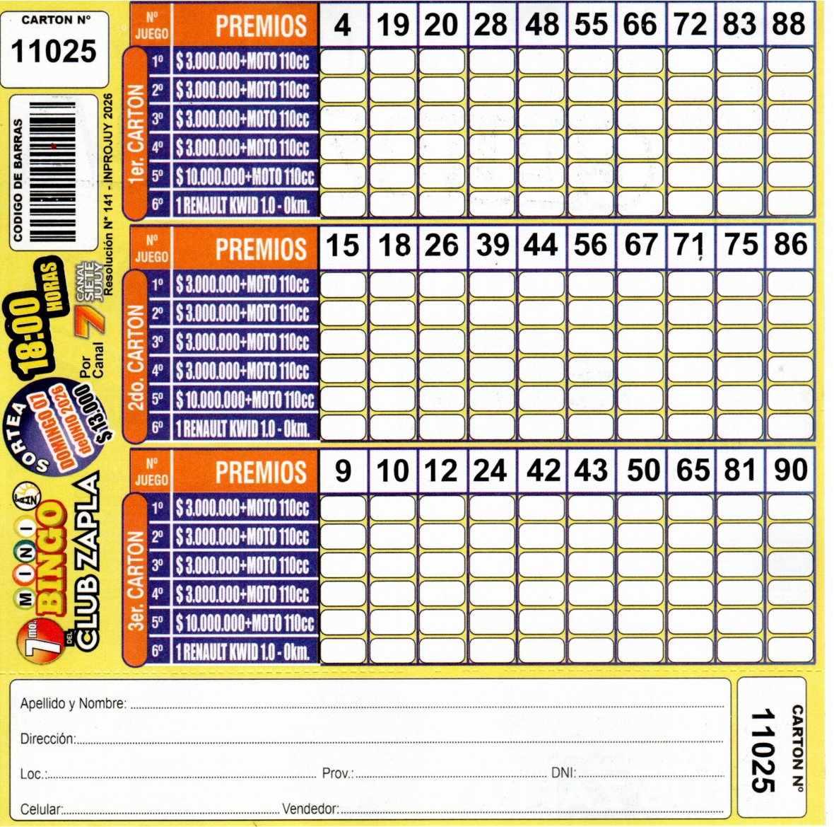 7 MINI Bingo ZAPLA - Cartón 11025