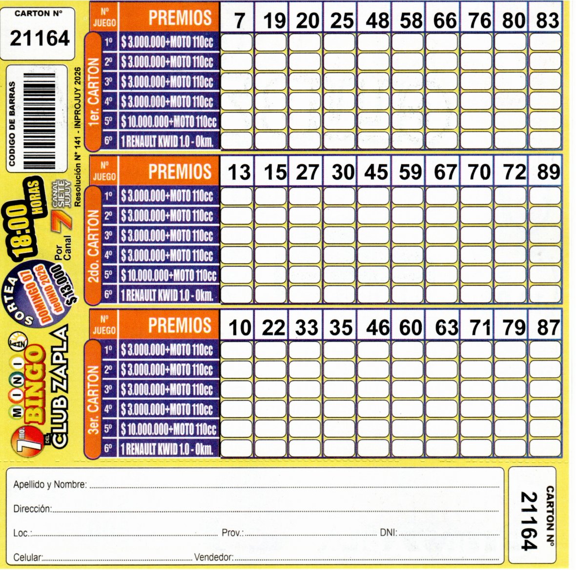 7 MINI Bingo ZAPLA - Cartón 21164