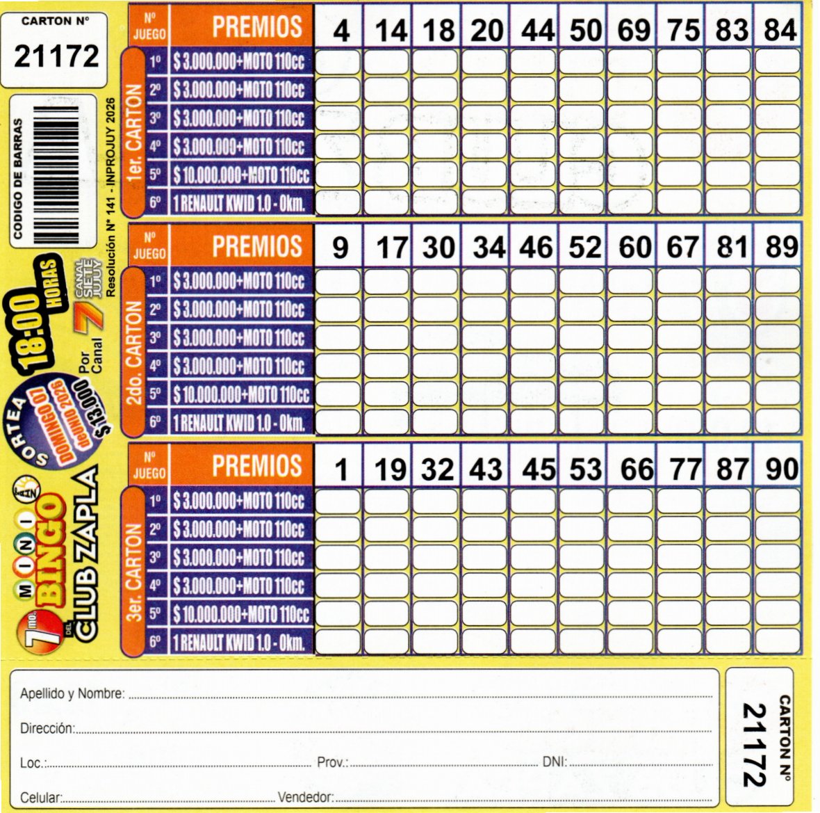 7 MINI Bingo ZAPLA - Cartón 21172