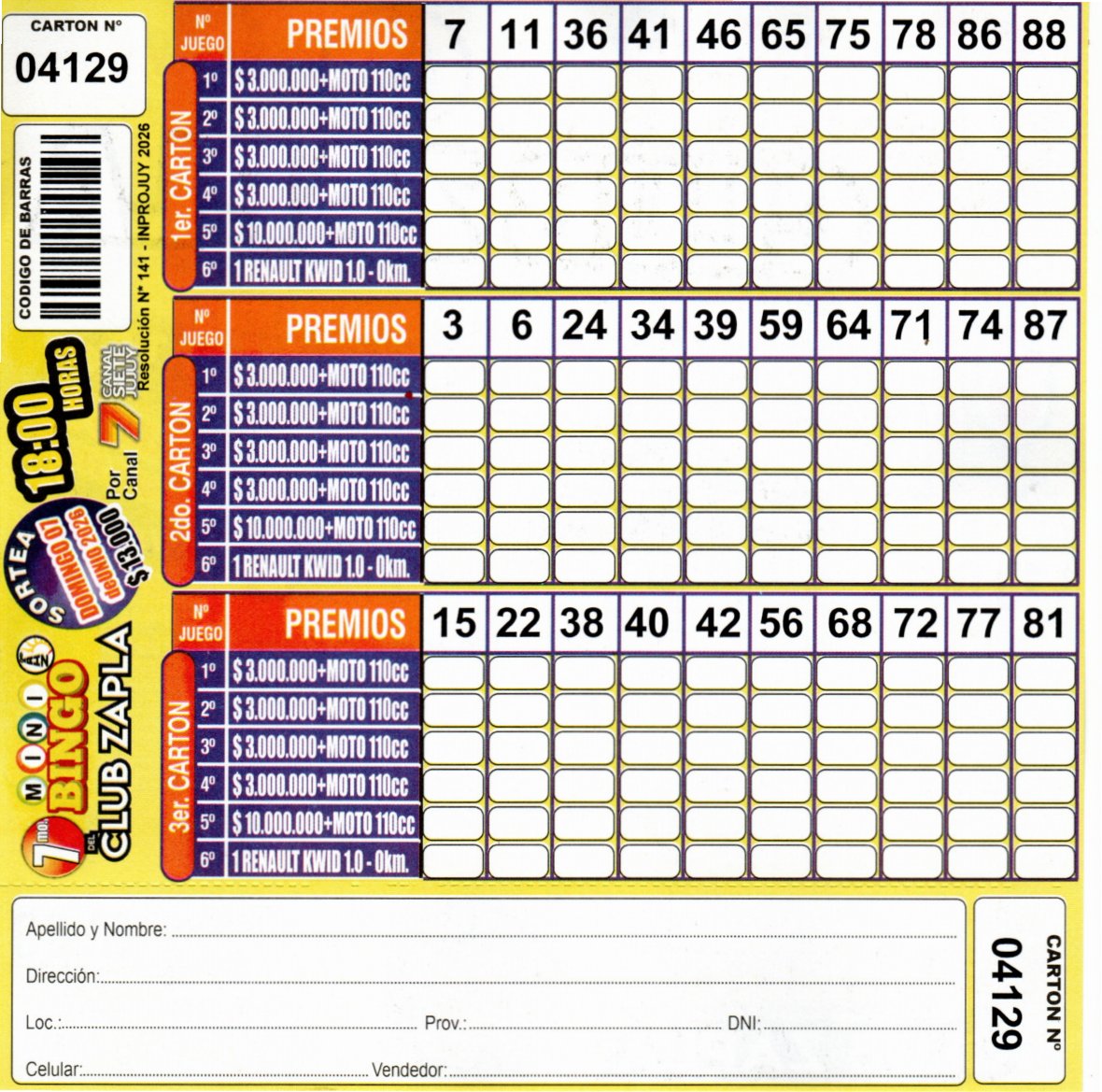 7 MINI Bingo ZAPLA - Cartón 4129