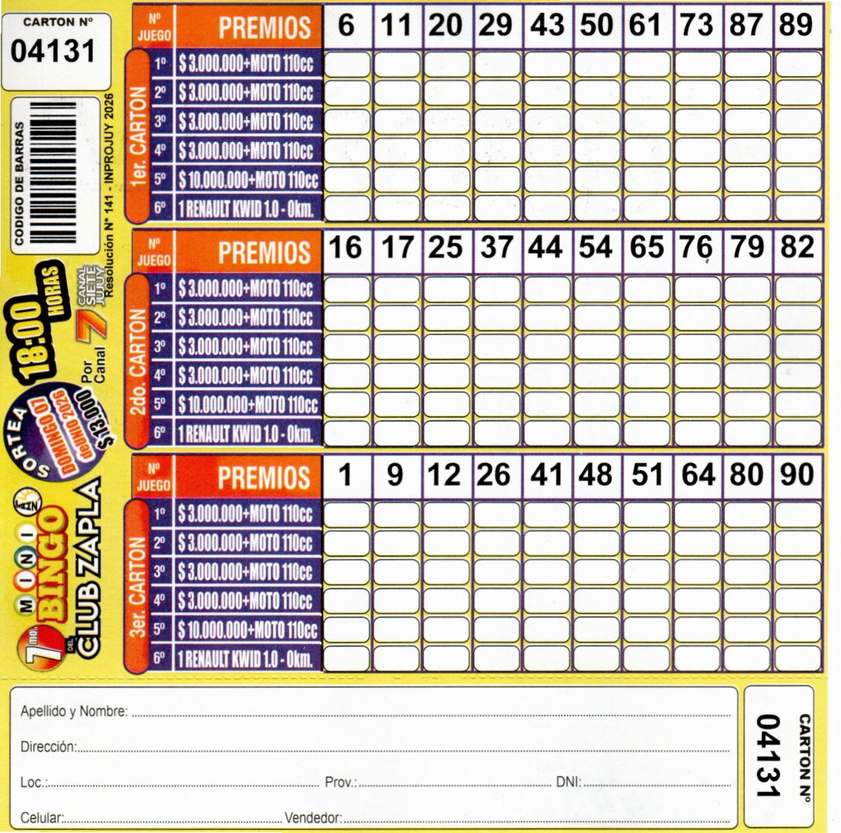 7 MINI Bingo ZAPLA - Cartón 4131