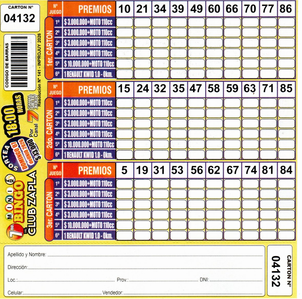 7 MINI Bingo ZAPLA - Cartón 4132
