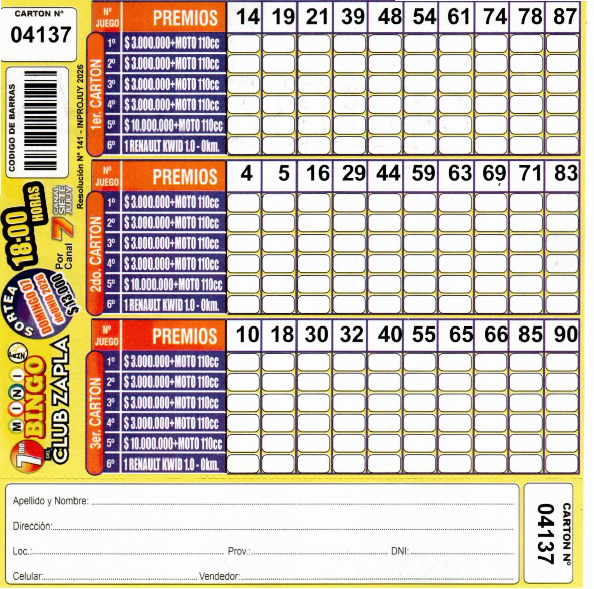 7 MINI Bingo ZAPLA - Cartón 4137