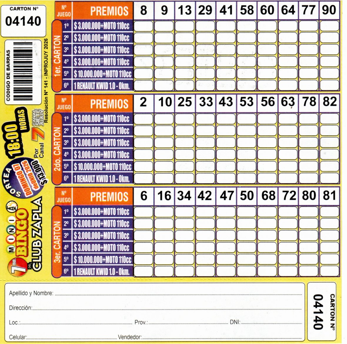 7 MINI Bingo ZAPLA - Cartón 4140