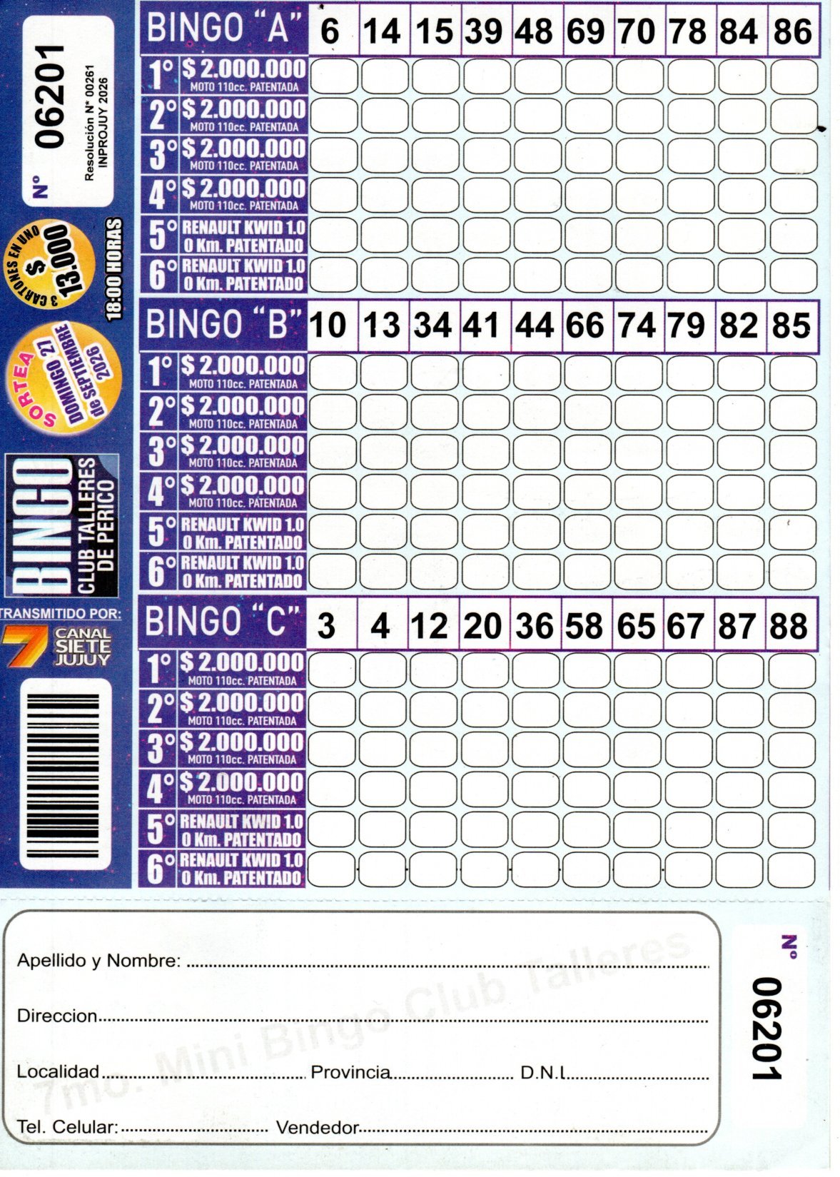 7 MINI Bingo TALLERES - Cartón 6201