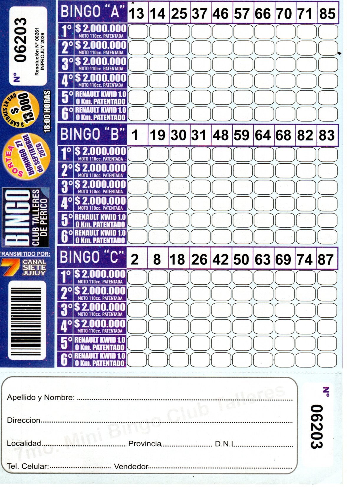 7 MINI Bingo TALLERES - Cartón 6203