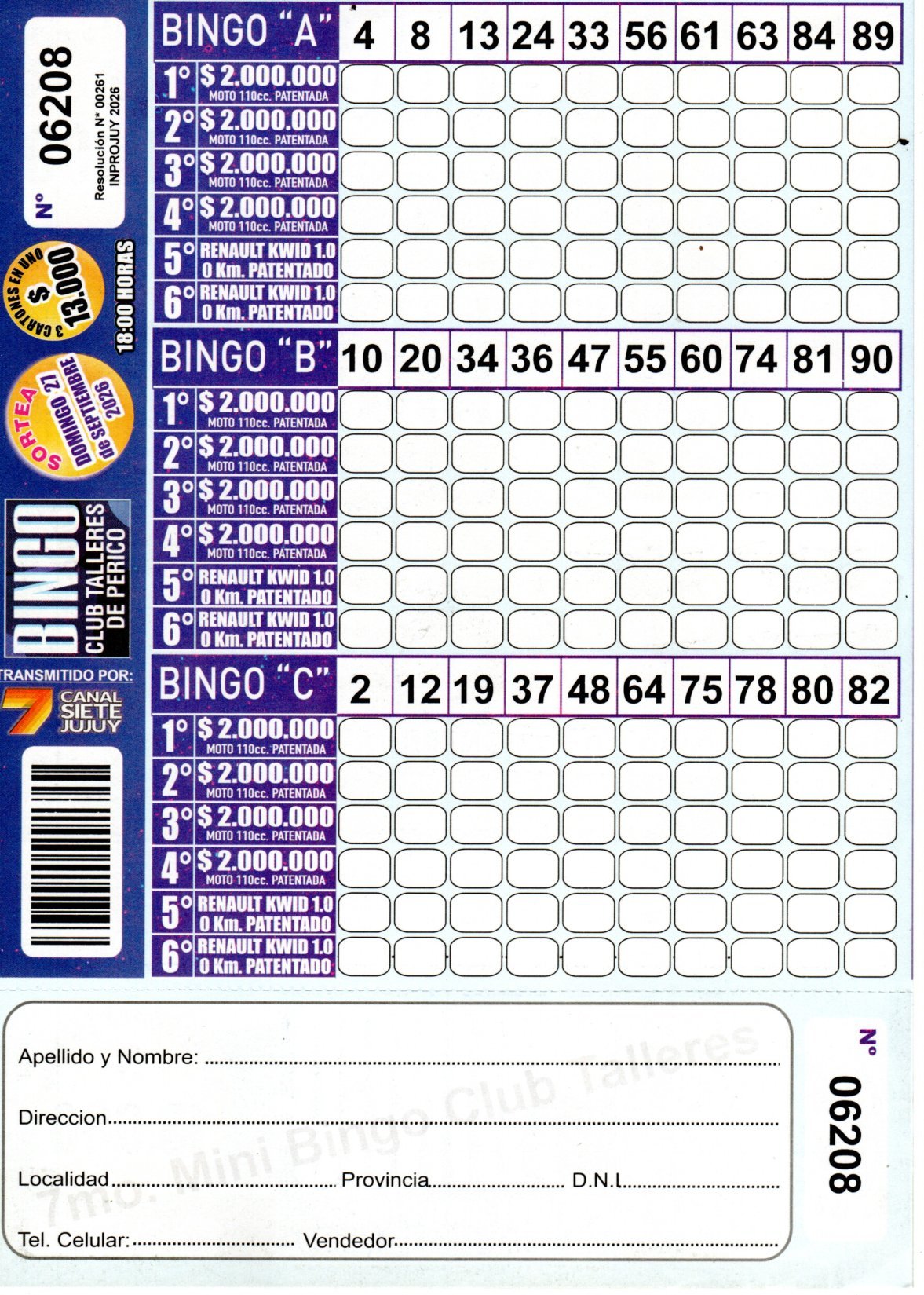 7 MINI Bingo TALLERES - Cartón 6208