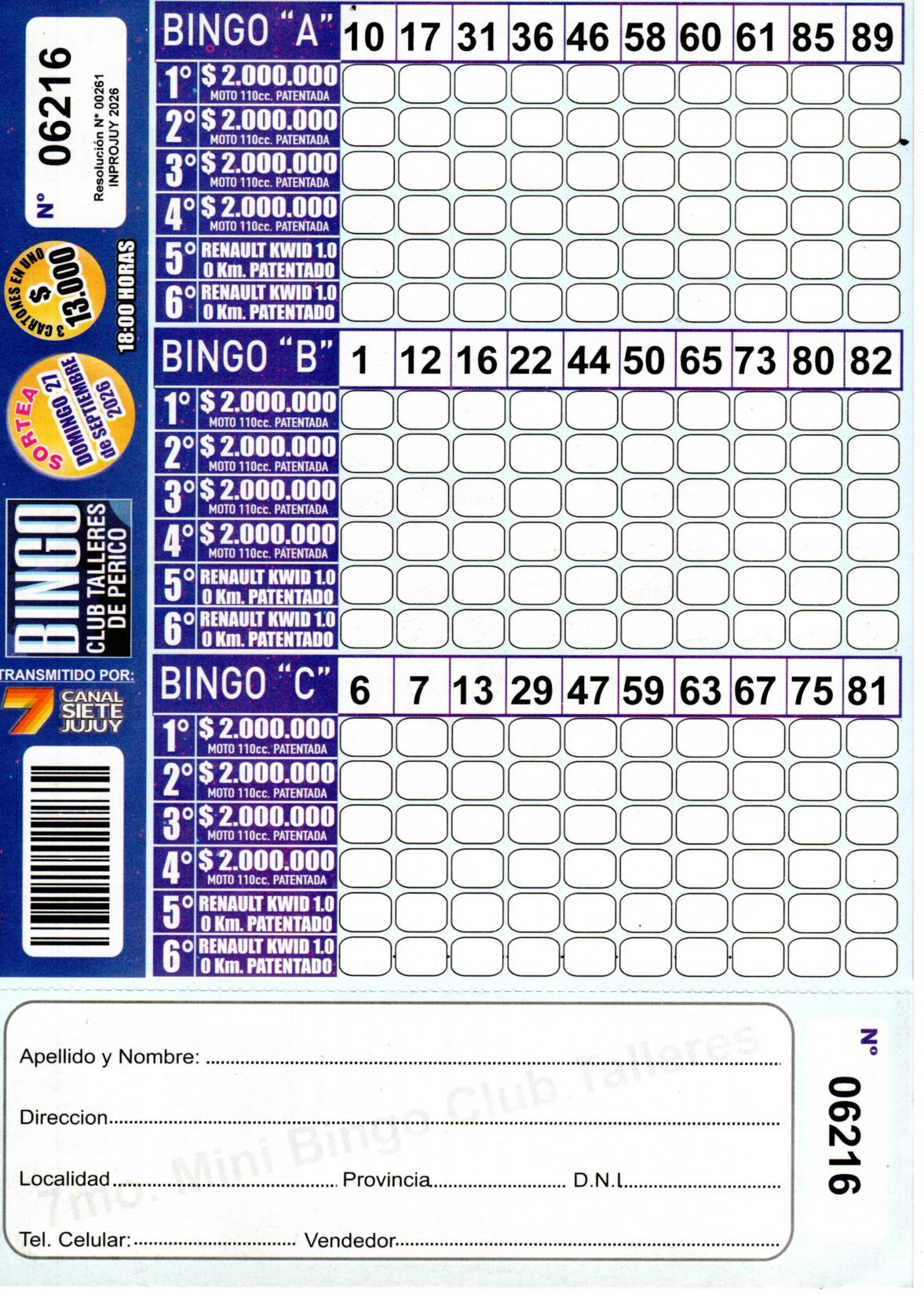 7 MINI Bingo TALLERES - Cartón 6216