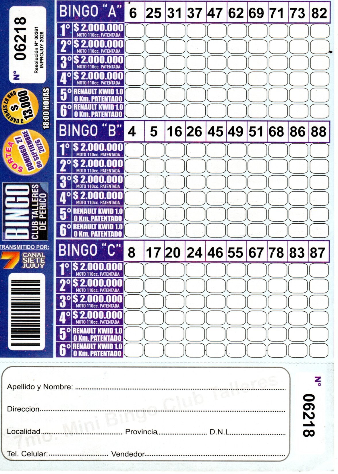 7 MINI Bingo TALLERES - Cartón 6218