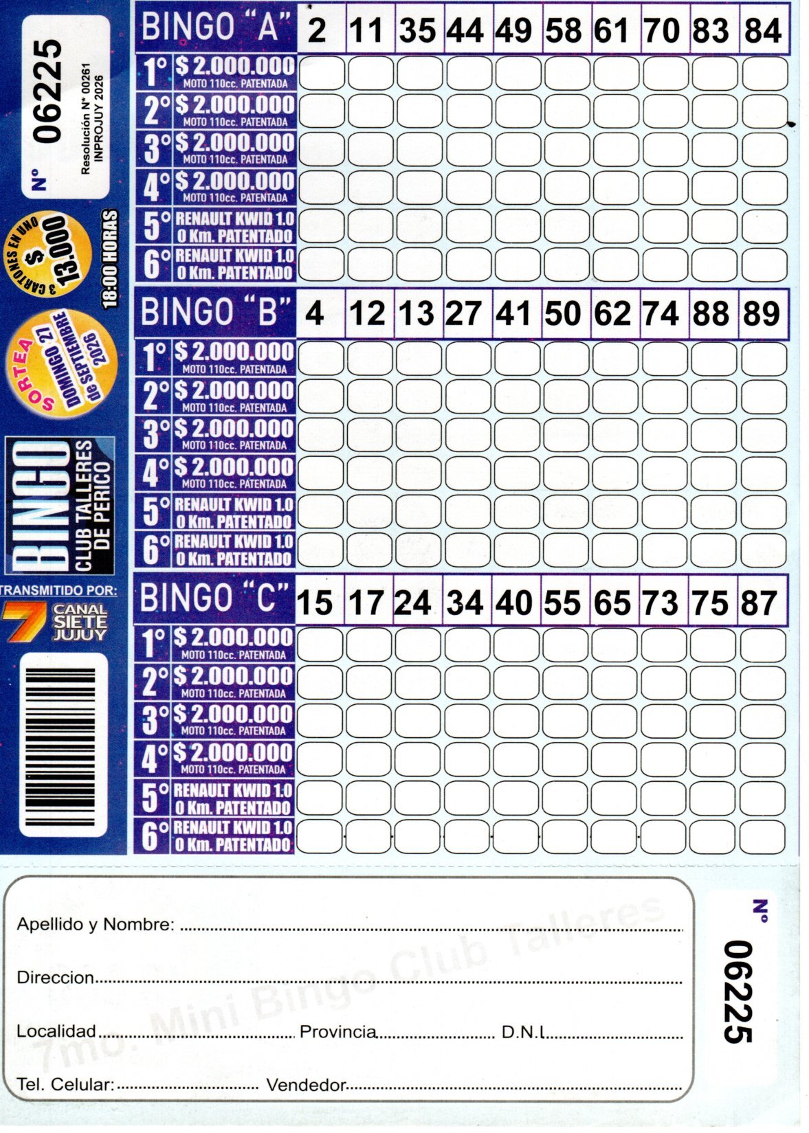 7 MINI Bingo TALLERES - Cartón 6225